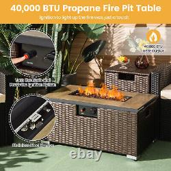 2Pcs Outdoor Rattan Propane Fire Pit Table Set Tank Holder Side Table 40,000BTU