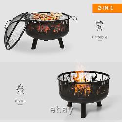 2-in-1 Outdoor Fire Pit with Cooking Grate Steel BBQ Grill Spark Screen Cover