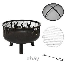 2-in-1 Outdoor Fire Pit with Cooking Grate Steel BBQ Grill Spark Screen Cover