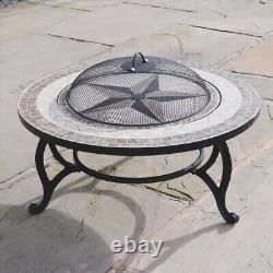 3 in 1 Fire Pit Bowl, BBQ & Star Tiled Coffee Table 76cm Outdoor Garden Patio