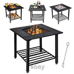 4 in 1 Outdoor Fire Pit Dining Table Square Wood Burning Fire Bowl With Mesh Cover