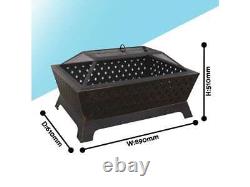 Dellonda DG44 35in Rectangular Bronze Outdoor Fire Pit With Mesh Safety Screen