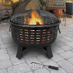 Extra Large Round Fire Pit Rattan Effect Garden Log Burner Outdoor Heater Metal