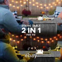 Gas Fire Pit Table Dining 4-6 Person Outdoor Heater Glass Cover Adjustable Flame