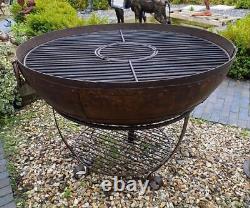 Iron Indian Kadai Fire Pit Bowl 100cm Diameter with Stand & BBQ Cooking Grill