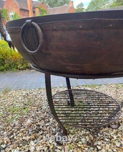 Iron Indian Kadai Fire Pit Bowl 100cm Diameter with Stand & BBQ Cooking Grill