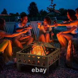 Outdoor Fire Pit with Screen Cover Poker, Log Burning Firebowl, Black