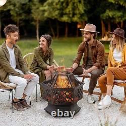 Outdoor Fire Pit with Screen Cover, Portable Wood Burning Firebowl Bronze