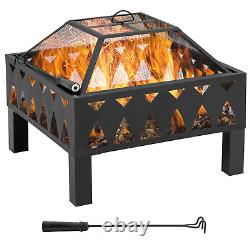 Outdoor Fire Pit with Screen and Poker, Backyard Wood Burner, Black