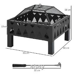 Outdoor Fire Pit with Screen and Poker, Backyard Wood Burner, Black