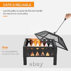 Outdoor Fire Pit with Screen and Poker, Backyard Wood Burner, Black