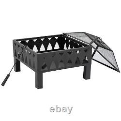 Outdoor Fire Pit with Screen and Poker, Backyard Wood Burner, Black