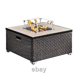 Outdoor Garden Rattan Gas Fire Pit Table with Screen, Rocks & Cover