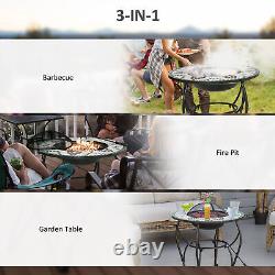 Outdoor Garden Table with Fire Pit, Grill Cooking Grate With Cover Fire Poker