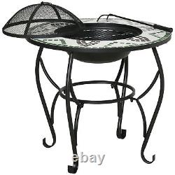 Outdoor Garden Table with Fire Pit, Grill Cooking Grate With Cover Fire Poker