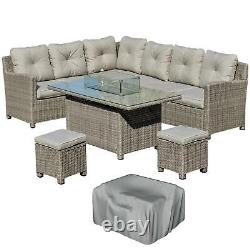 Outsunny 5 PCs Outdoor PE Rattan L-Shape Sofa Footstool Fire Pit Table Set