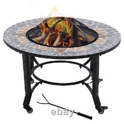 Outsunny Firepit on Wheels Fire Bowl With Grill Spark Screen Cover Fire Poker