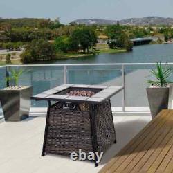 PE Rattan Fire Pit Gas Burner Patio Heater with Fire Control Panel & Lava Rocks