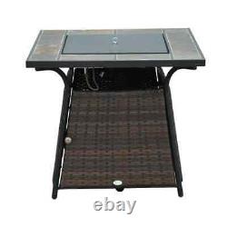 PE Rattan Fire Pit Gas Burner Patio Heater with Fire Control Panel & Lava Rocks