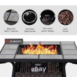 PE Rattan Fire Pit Gas Burner Patio Heater with Fire Control Panel & Lava Rocks