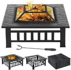 Square 3 In 1 Fire Pit Garden Table Brazier Heater Ice Mesh Lid Poker Log