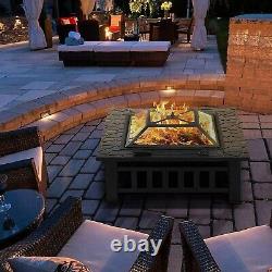 Square 3 In 1 Fire Pit Garden Table Brazier Heater Ice Mesh Lid Poker Log