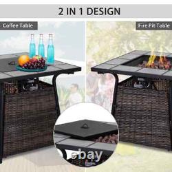 Square Outdoor PE Rattan Fire Pit TableGas Burner Heater with Control Panel Brown