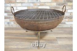 XXL 80cm Indian Fire Pit With Stand & Grill Garden Bowl Kadai Large Wrought Iron