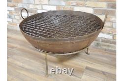 XXL 80cm Indian Fire Pit With Stand & Grill Garden Bowl Kadai Large Wrought Iron