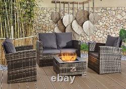 4 Pièces de Mobilier de Jardin en Rotin avec Table de Feu, Canapé, Fauteuils et Coussins