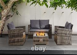 4 Pièces de Mobilier de Jardin en Rotin avec Table de Feu, Canapé, Fauteuils et Coussins