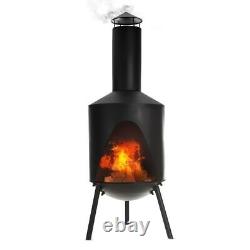 Barbecue de jardin avec cheminée noire, chauffage de patio, foyer extérieur et support à bûches en acier