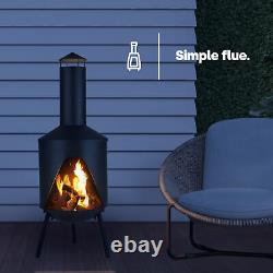 Barbecue de jardin avec cheminée noire, chauffage de patio, foyer extérieur et support à bûches en acier