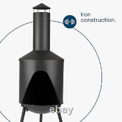 Barbecue de jardin avec cheminée noire, chauffage de patio, foyer extérieur et support à bûches en acier