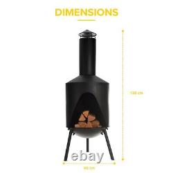 Barbecue de jardin avec cheminée noire, chauffage de patio, foyer extérieur et support à bûches en acier