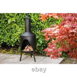 Barbecue de jardin avec cheminée noire, chauffage de patio, foyer extérieur et support à bûches en acier