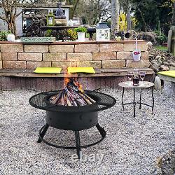 Foyer extérieur 2-en-1 pour feu de bois avec grille pivotante réglable pour barbecue.