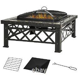 Table carrée de feu de jardin Outsunny de 76 cm avec couvercle en maille de poker et grille à bûches