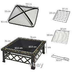 Table carrée de feu de jardin Outsunny de 76 cm avec couvercle en maille de poker et grille à bûches