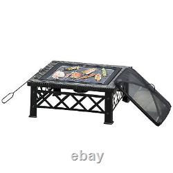 Table carrée de feu de jardin Outsunny de 76 cm avec couvercle en maille de poker et grille à bûches