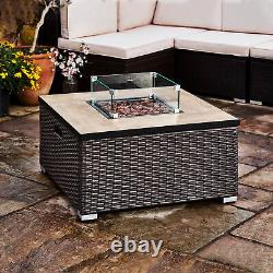 Table de foyer au gaz en rotin pour jardin extérieur avec écran, roches et couvercle