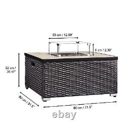 Table de foyer au gaz en rotin pour jardin extérieur avec écran, roches et couvercle