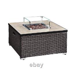 Table de foyer au gaz en rotin pour jardin extérieur avec écran, roches et couvercle