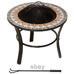 Table de foyer extérieur de 60 cm avec extérieur en mosaique, couvercle d'écran anti-étincelles et pique-feu.