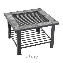 Table de jardin extérieure avec brasero en bois de 76 cm, grille de barbecue, couvercle et étagère de rangement.