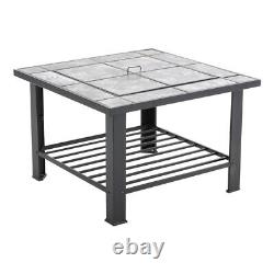 Table de jardin extérieure avec brasero en bois de 76 cm, grille de barbecue, couvercle et étagère de rangement.